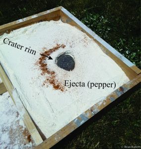 The result of an experiment with a pebble (meteorite) impact. The pepper that was originally in the centre has been spread at distance from the final crater