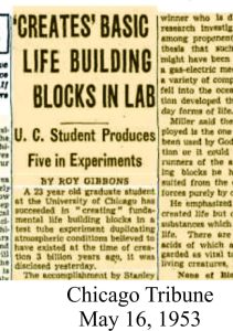 Miller's discovery announced in the Chicago Tribune, 1953