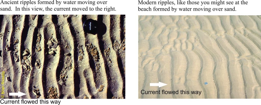 A comparison of modern and ancient ripples, indicating flowing water