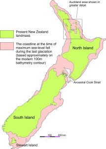 Outline of the NZ coast during the Glacial Maximum, about 100-120 m below present sea level