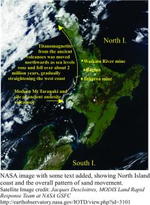 A NASA image overlaid with sand source area and sediment routing