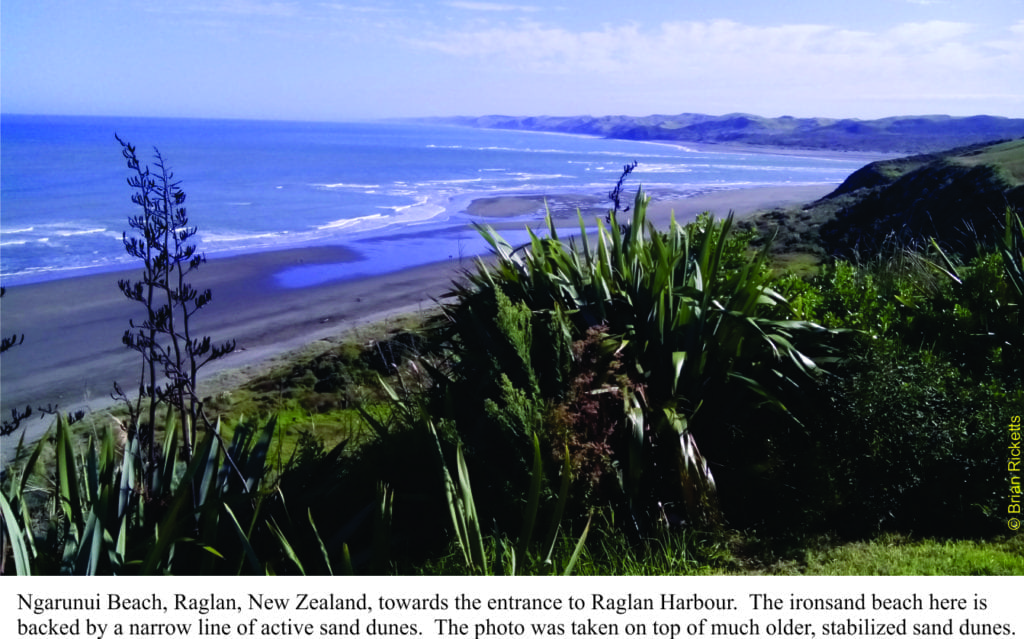 Black, iron oxide mineral-rich sands, Ngarunui Beach, NZ.