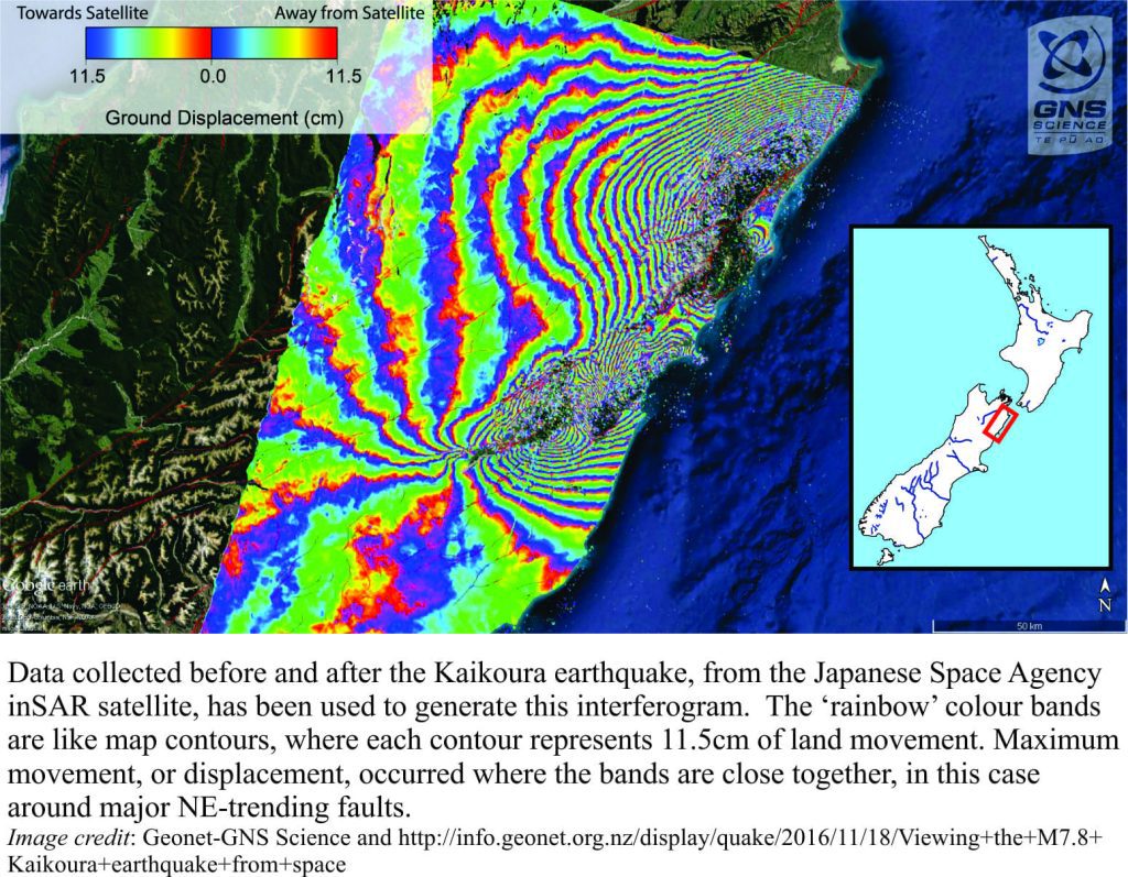 Contour map of land movement and displacement from the aftermath of 2016 Kaikoura earthquake, NZ