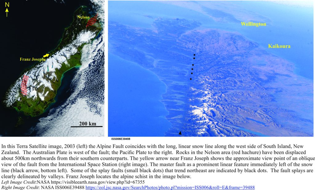 Alpine Fault across South Island, NZ, from space