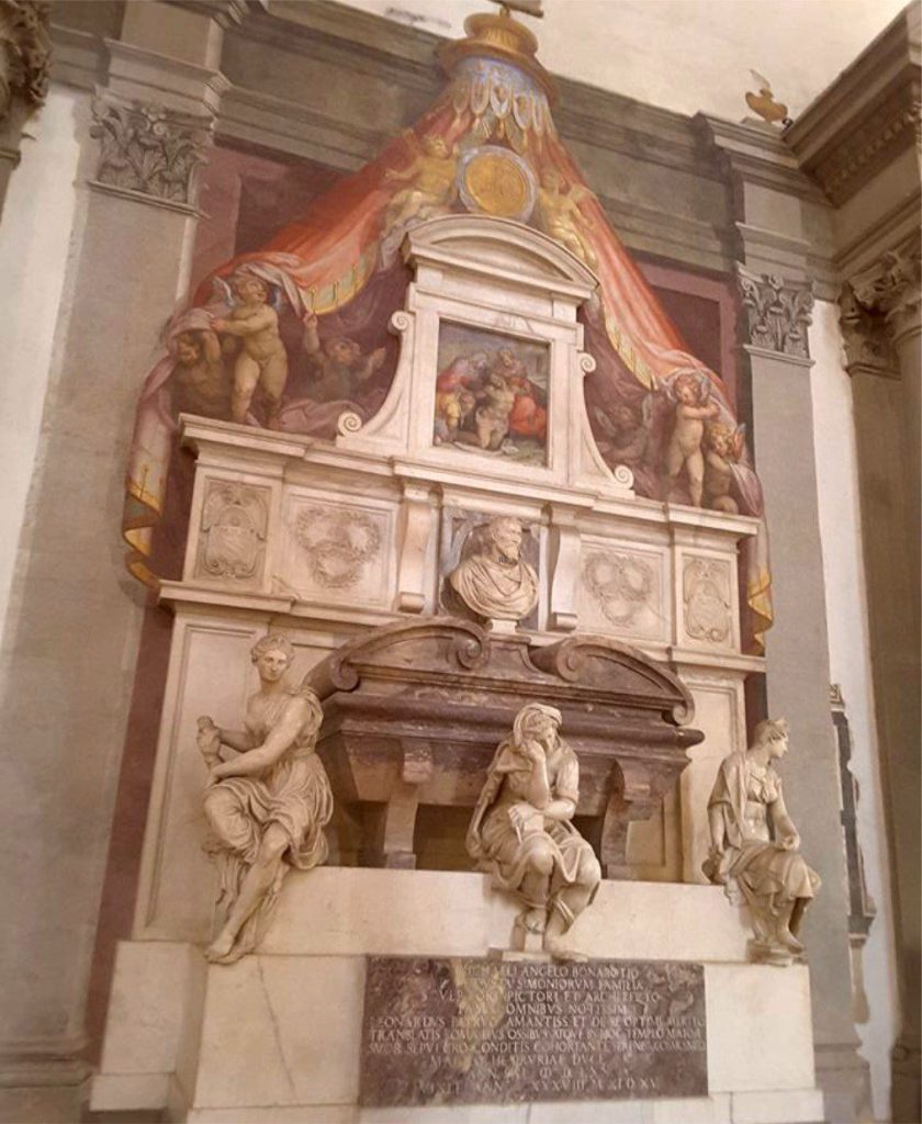 Michelangelo’s tomb, Santa Croce Basilica, Florence. The disconsolate figures beside the sarcophagus signify painting, sculpture, and architecture. 