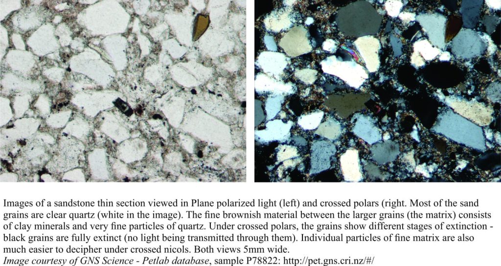 Thin section of quartz-lithic arenite under plain polarized light and crossed nicols
