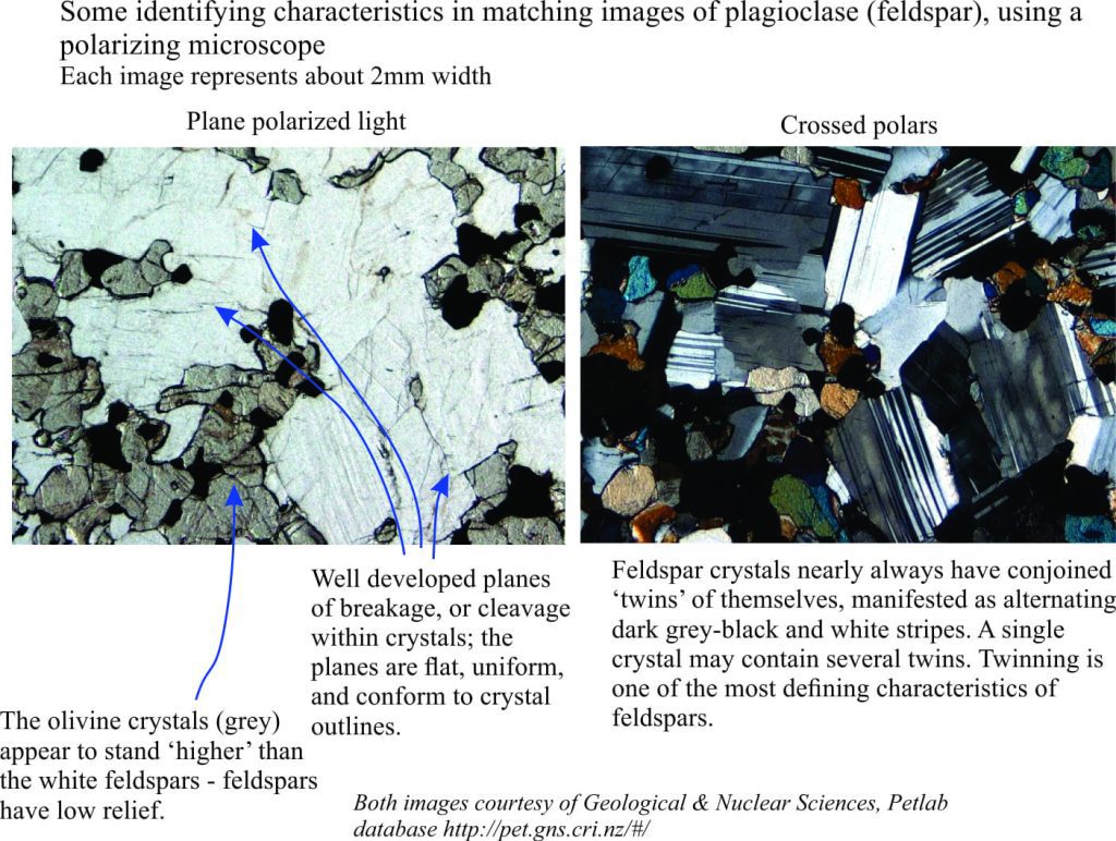 Some identifying characteristics of plagioclase in a gabbro