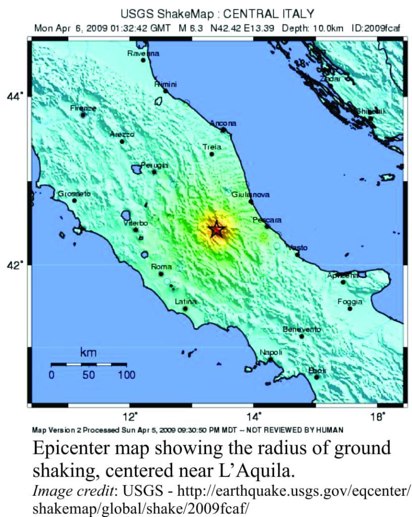 Epicetre of the earthquake centred on L'Aquila