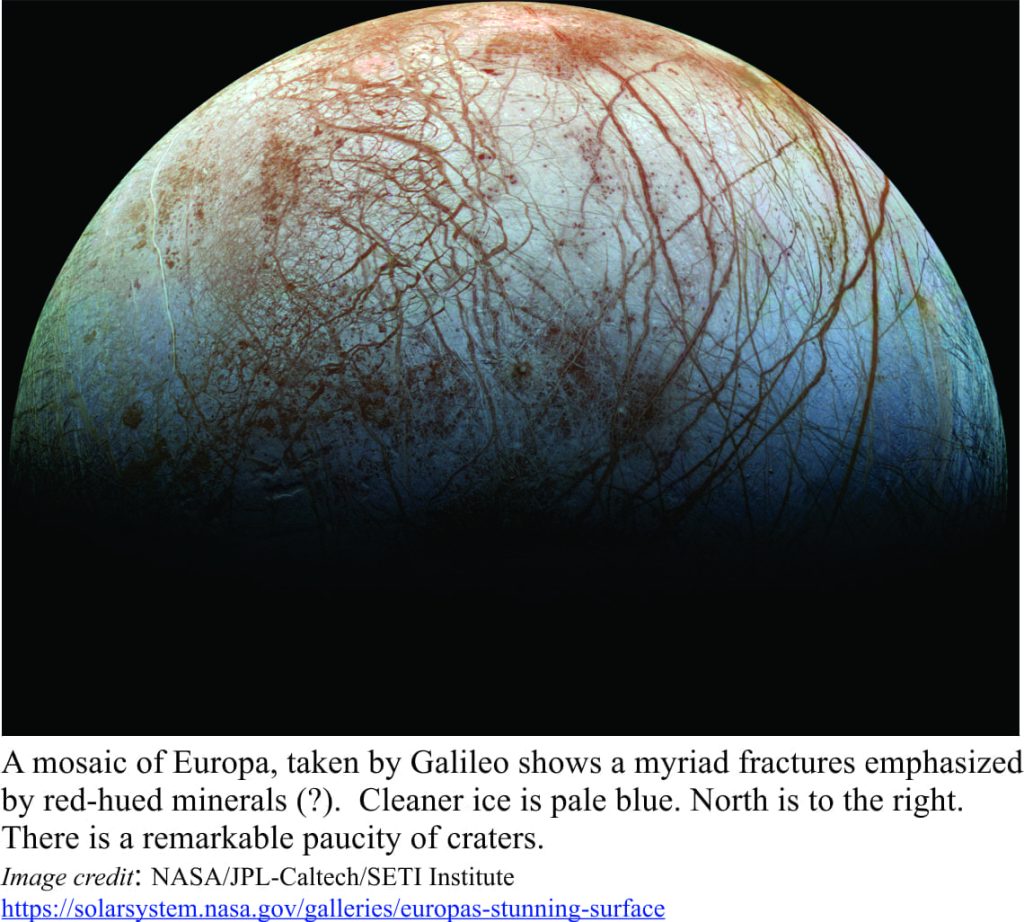Satellite image mosaic of Jupiter's moon Europa showing its icy surface