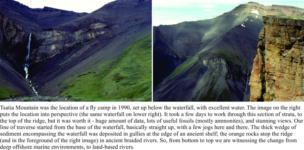Tsatia Mountain exposure of Jurassic shelf, shelf break gullies, and fluvial deposits