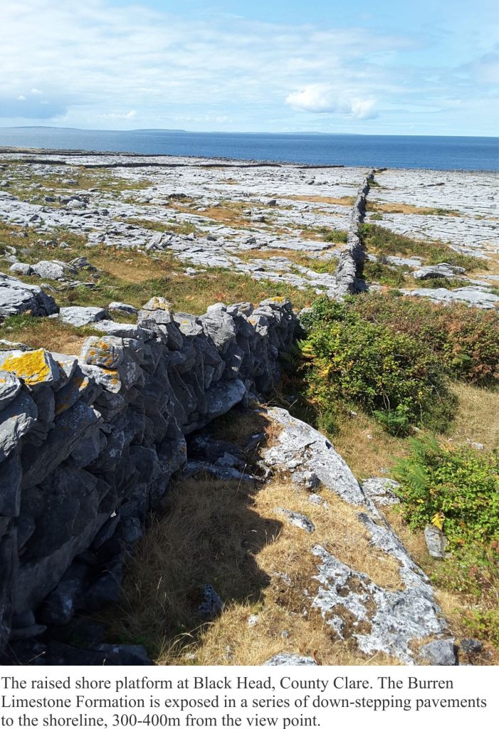 Raised shore platform cut into Carboniferous limestone, Burrens, Ireland.