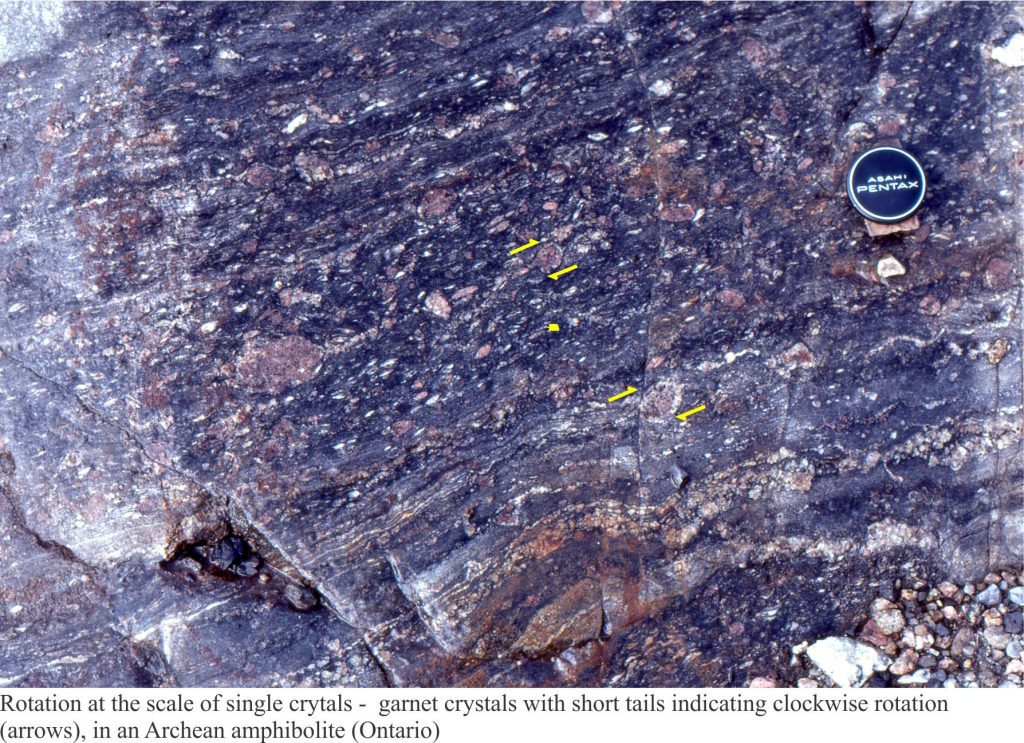 Rotation of granet crystals in an Archean amphibolite, from which sense of shear can be determined