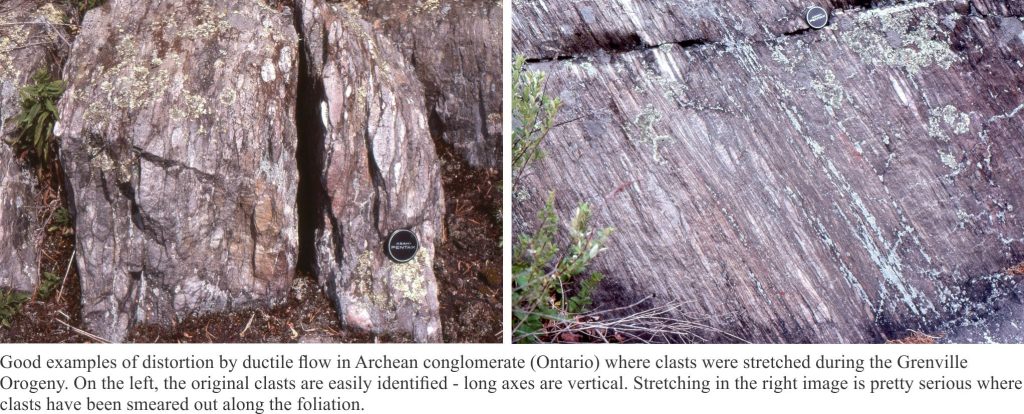 Distortion - flattening of conglomerate clasts by ductile flow in an Archean conglomerate