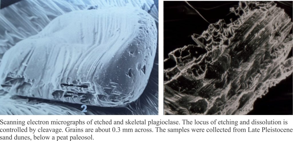 SEM micrographs of plagioclas grainse at different stages of etching and dissolution.