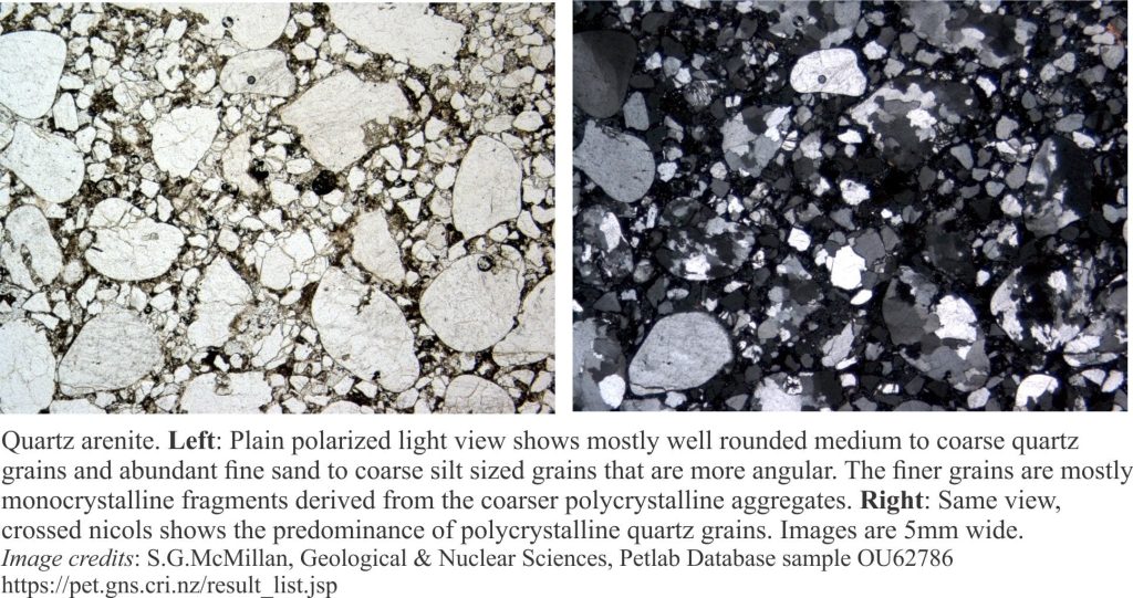 Thin section of polycrystalline quartz and strained monocrystalline quartz in a quartz arenite. Left: plain polarized light. Right: crossed nicols