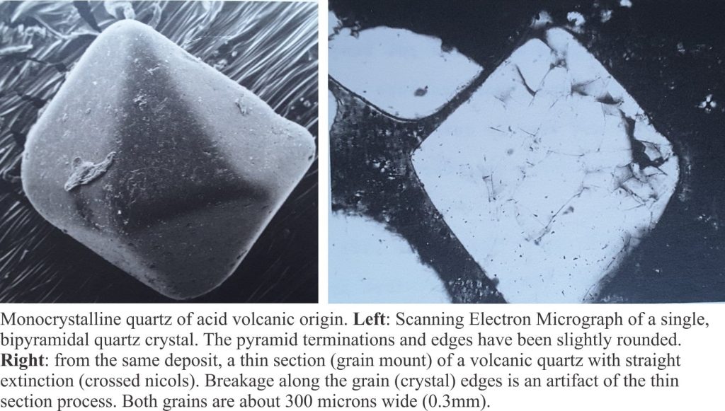 Left. SEM micrograph of volcanic quartz bipyramid sand grain. Right: Thin section of a similar grain