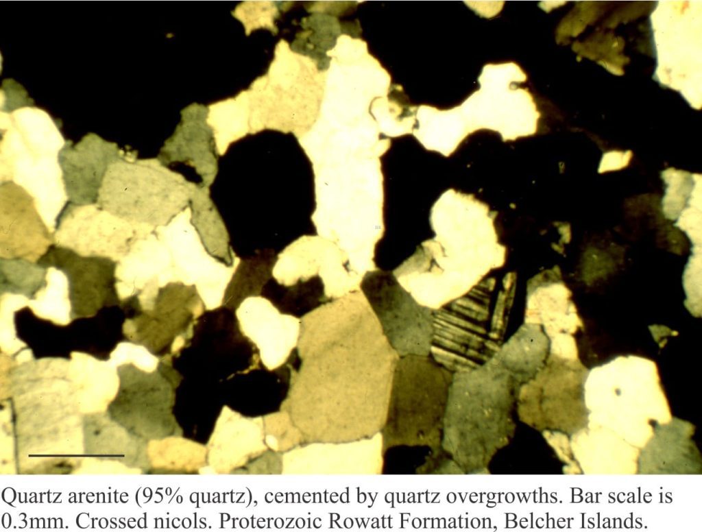Quartz arenite with quartz overgrowth cement; most of the quartz grains were originally well rounded