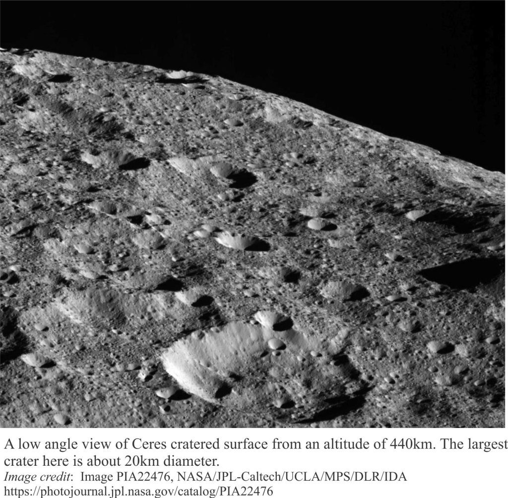 Ceres cratered surface from an altitude of 440 km. The largest crater is 20 km in diameter