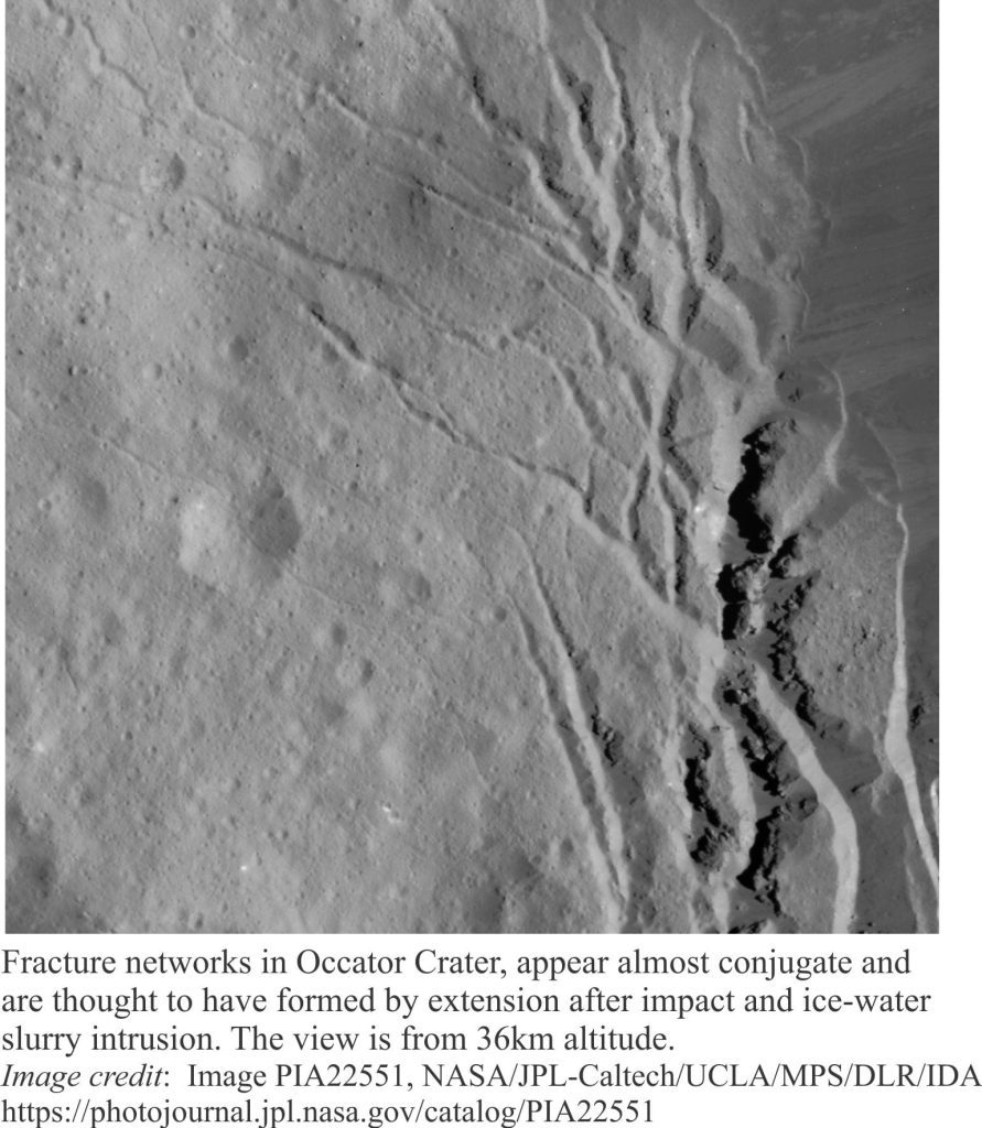 Fracture system on Ceres, possibly conjugate, thoguht to have been propogated following a meteorite impact.