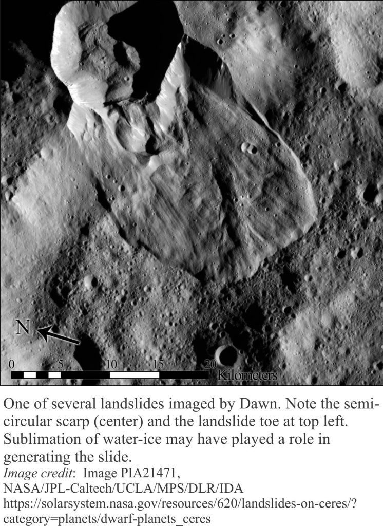 A landslide on Ceres, taken by the Dawn satellite, has slid from centre to top left.