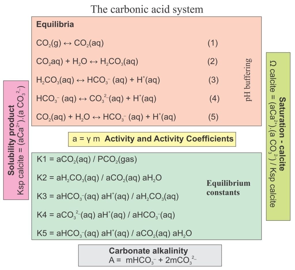 Tabulation of the important equilibria in the carbonic acid - carbonate system