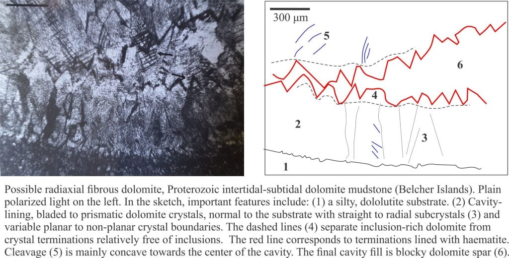 Radiaxial fibrous dolomite with relict crystal terminations; summarised in a sketch on the right