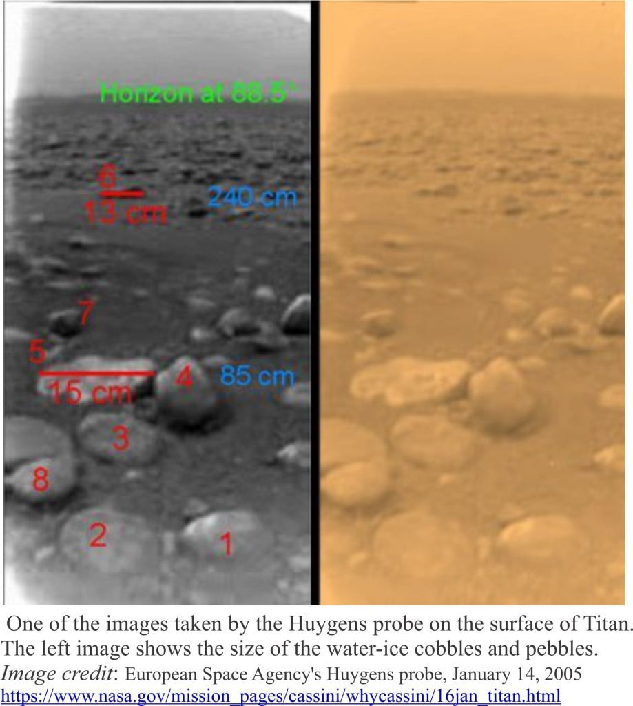 European Space Agency's Huygens probe image of Titans surface showing pebbles and boulders of water ice
