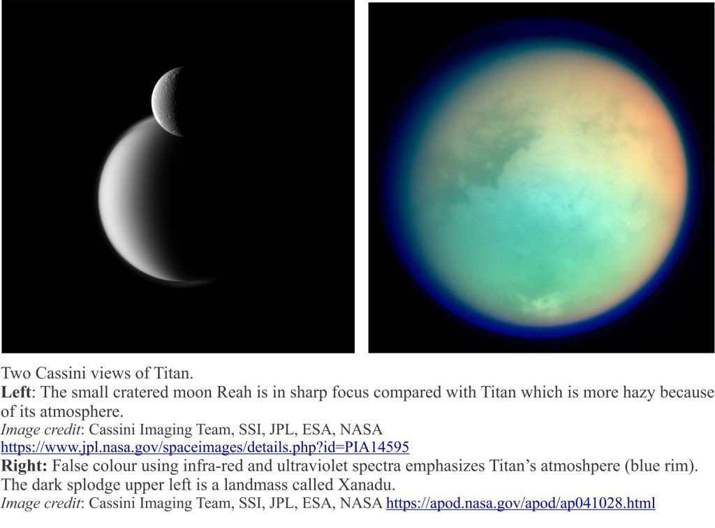 Moons Titan and Reah as seen by Cassini. Titan appears hazy because of its atmosphere