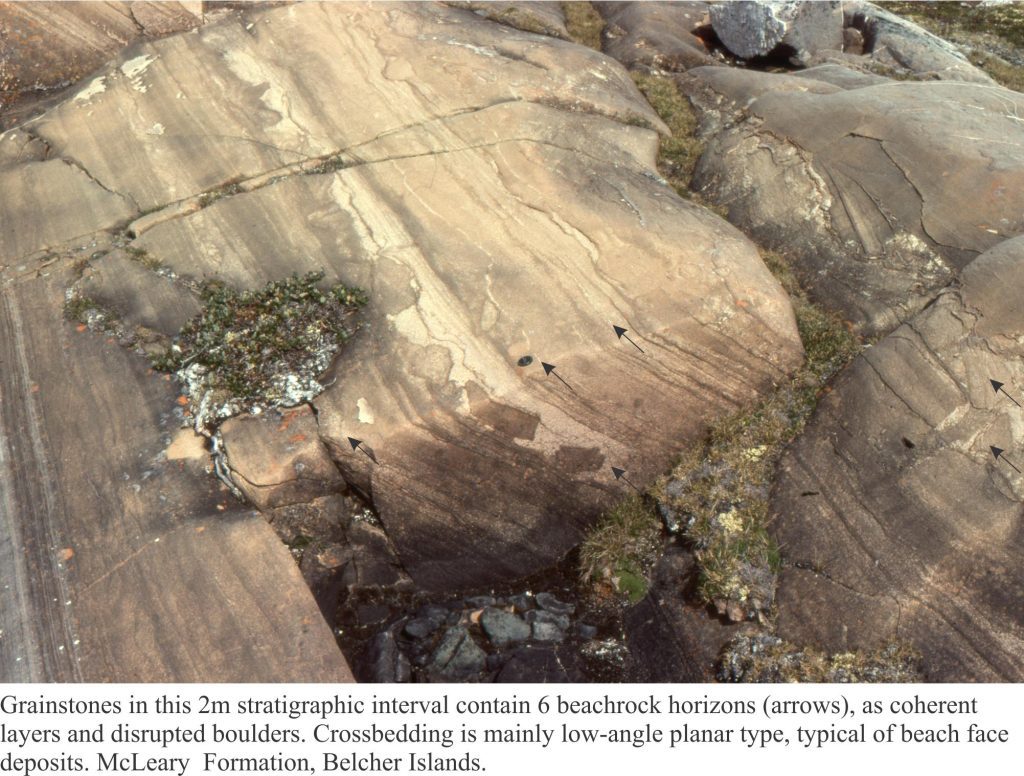 Multiple beachrock boulder layers, showing varying degrees of erosion.