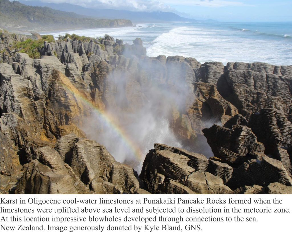 Oligocene cool water limesontes exposed in karst at Punakaiki Pancake Rocks, NZ