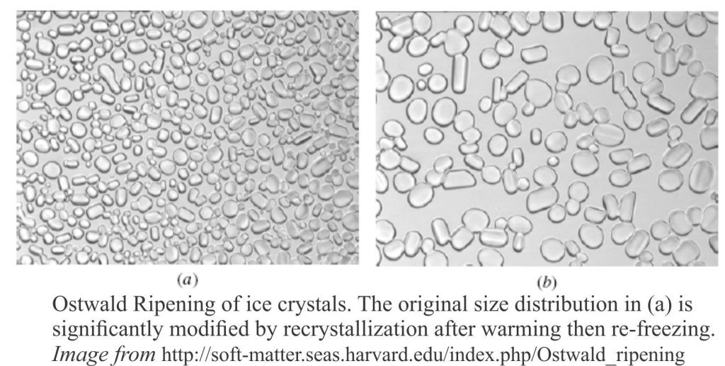 Ostwald Ripening of ice crystals. The original size distribution in (a) is 
significantly modified by recrystallization after warming then re-freezing. 
Image from http://soft-matter.seas.harvard.edu/index.php/Ostwald_ripening