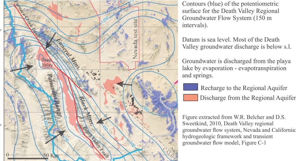 Death Valley potentiometric surface for the regional groundwater flow system. Arrows indicate hyrdraulic gradients