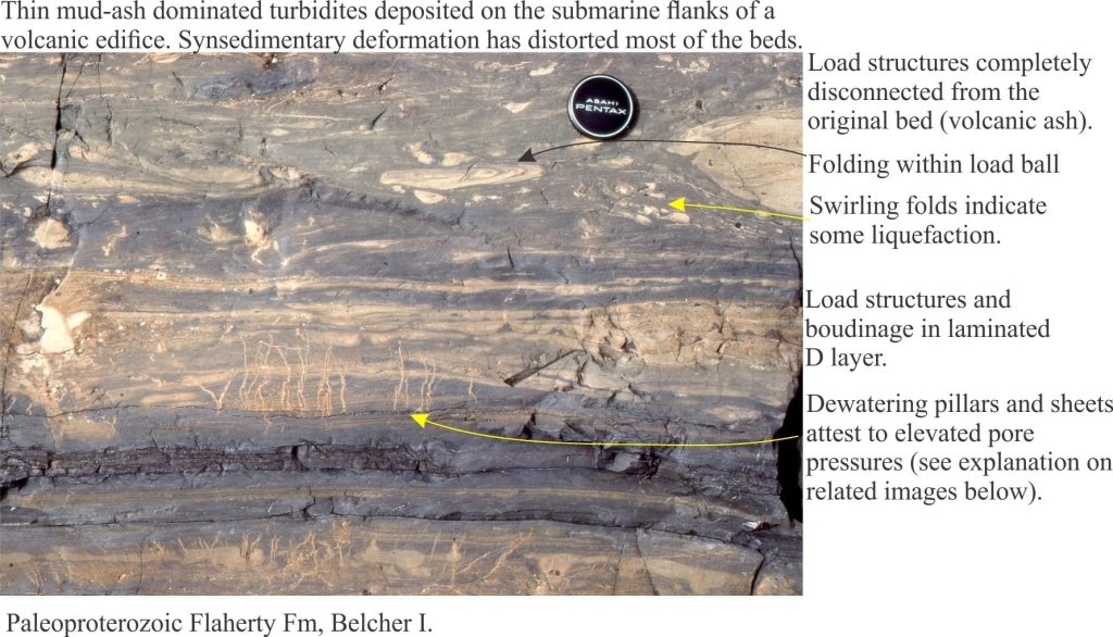 Volcaniclastic turbidite event beds, disrupted load casts, dewatering pillars, and fluidised muds