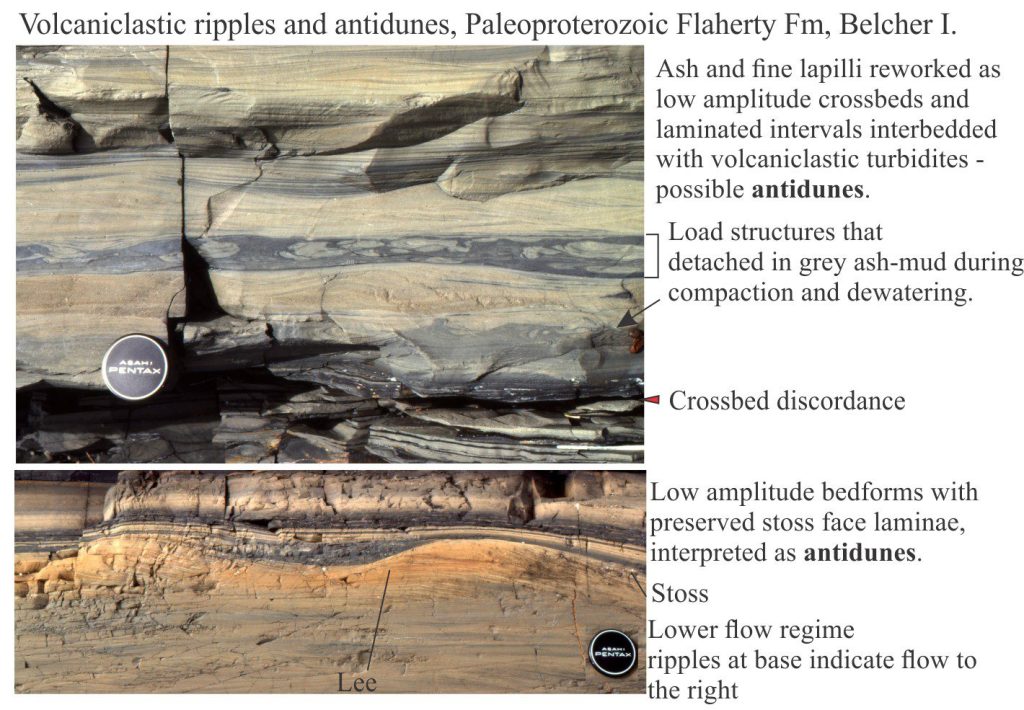 Two stratigraphic sections containing possible antidune bedforms in fine ash, associated with volcaniclastic turbidites. The steep face of each is that which is inferred to have migrated upstream - to the left in both images. Lower flow regime ripples indicate general flow in the opposite direction - to the right.