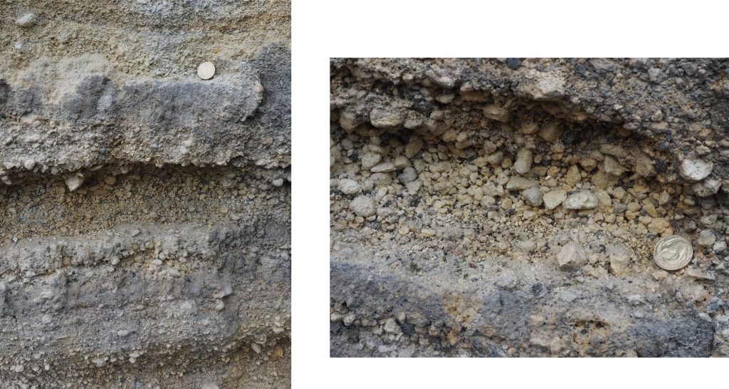 Zooming in on the airfall tephra layers, that consist of glassy ash and relatively dense, low-vesicularity rhyolite. Most lapilli fragments are angular to sub-rounded. 