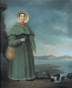 Portrait of Mary Anning pointing at an ammonite, by B. J. Donne from 1847