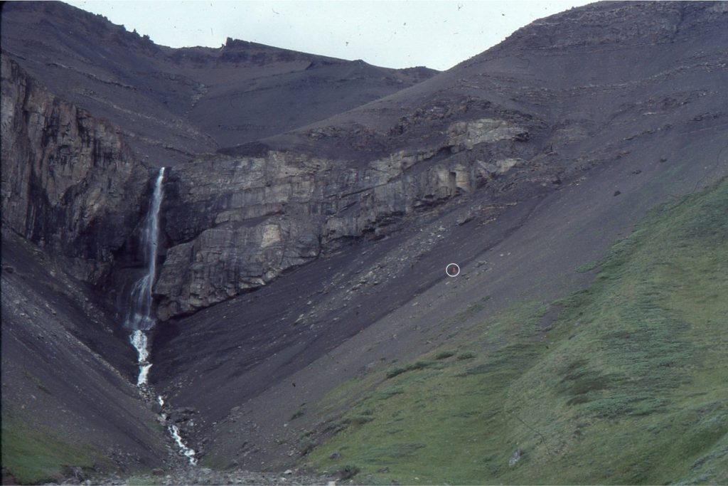 Shelfbreak gullies can form when sea level falls below the shelfbreak. This example is from the Jurassic of Bowser Basin, northern British Columbia. The gully was filled with conglomerate. It is overlain by cyclic shelf deposits. Person (circled) for scale, centre right.