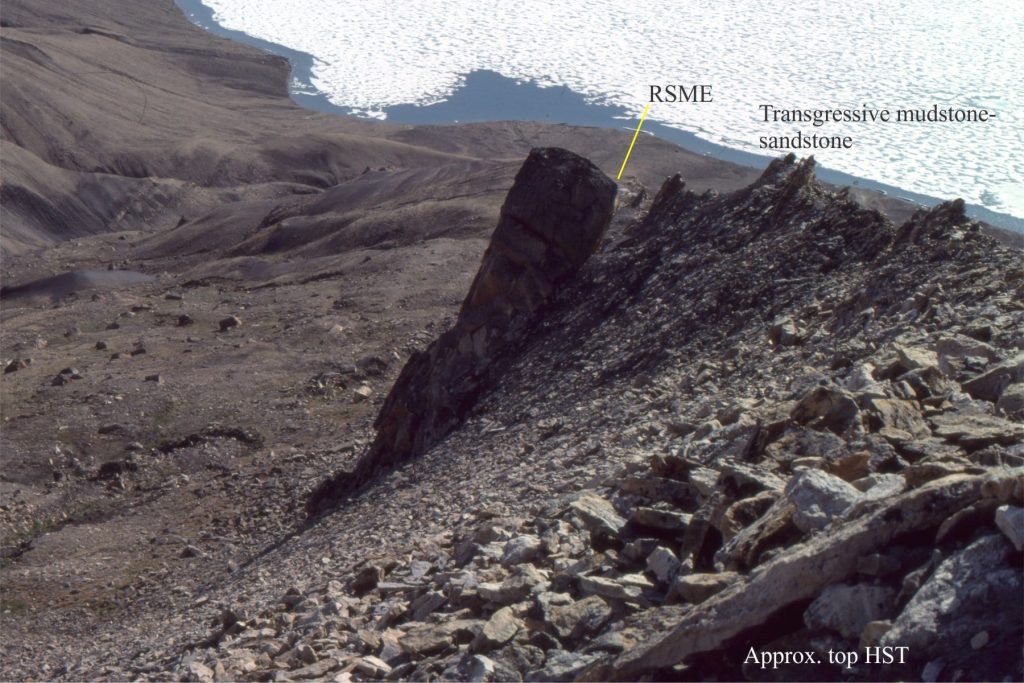 A sharp-based sandstone wedge deposited during forced-regression. This exposure at Expedition Fiord, Axel Heiberg Island. RSME = Regressive surface of marine erosion; FS = marine flooding surface, HST = top of underlying Highstand succession.