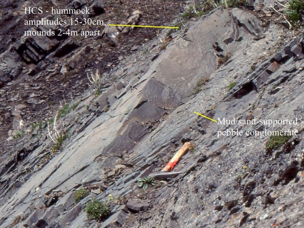 Hummocky crossbedding developed at storm wave base. The hammer lies along a basal pebble layer that was deposited by a bottom-hugging density current during collapse of a storm surge. Tsatia Mt. Bowser Basin.