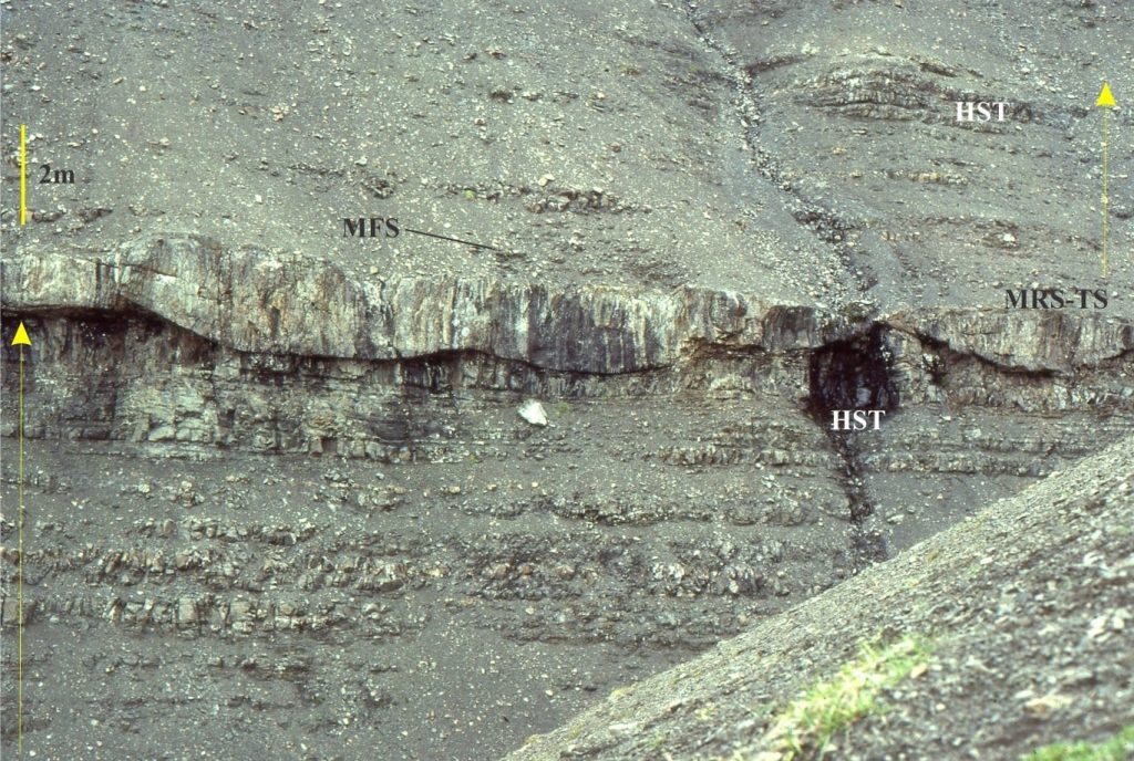 Fluvial channels lie between two shelf parasequences. Lowstand fluvial incision – the landward extension of the max reg surface that represents the position of the sea floor at the maximum basinward extent of the sea level lowstand. Jurassic, Bowser Basin.