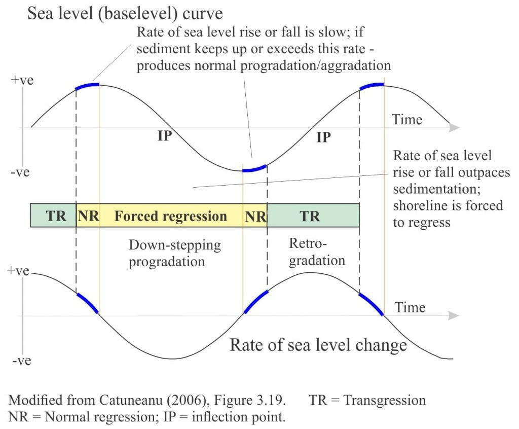 Stages of regression and transgression in relation to relative sea level, in a sequence stratigraphy context