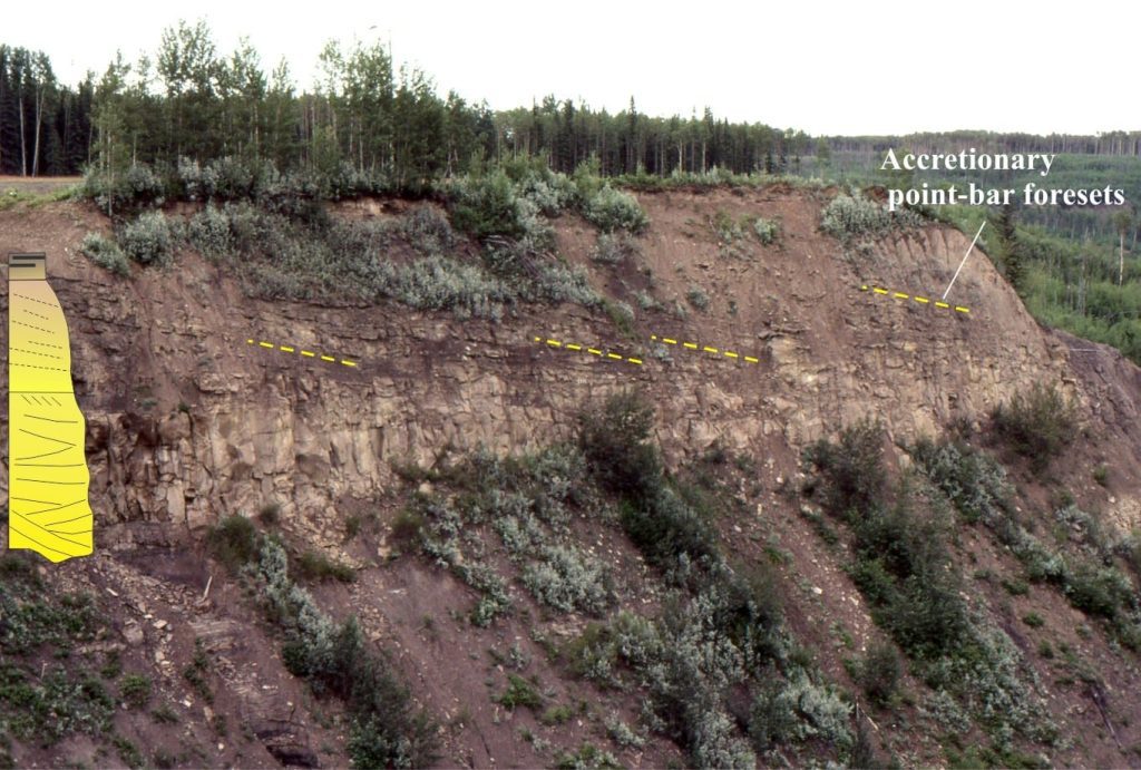 A typical fining-upward unit in Cretaceous fluvial channel and point bar deposits, Dunvegan Fm. Peace River, Alberta. The stratigraphic column width represents relative grain size; the unit is about 6m thick.