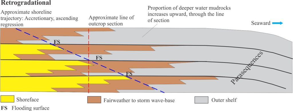 A schematic cross-section, parallel to depositional dip, that reconstructs the stacking pattern and shoreline trajectory of retrogradational shelf parasequences. The line of section refers to the Ellesmere Island outcrop image above. Modified from Van Wagoner et al. 1988, Fig. 1