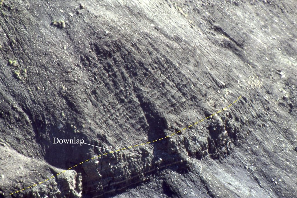 A smaller-scale, outcrop example of downlap in prograding outer shelf-slope mudstones. Paleocene Strand Bay Formation, Ellesmere Island. The outcrop is about 20 m high.