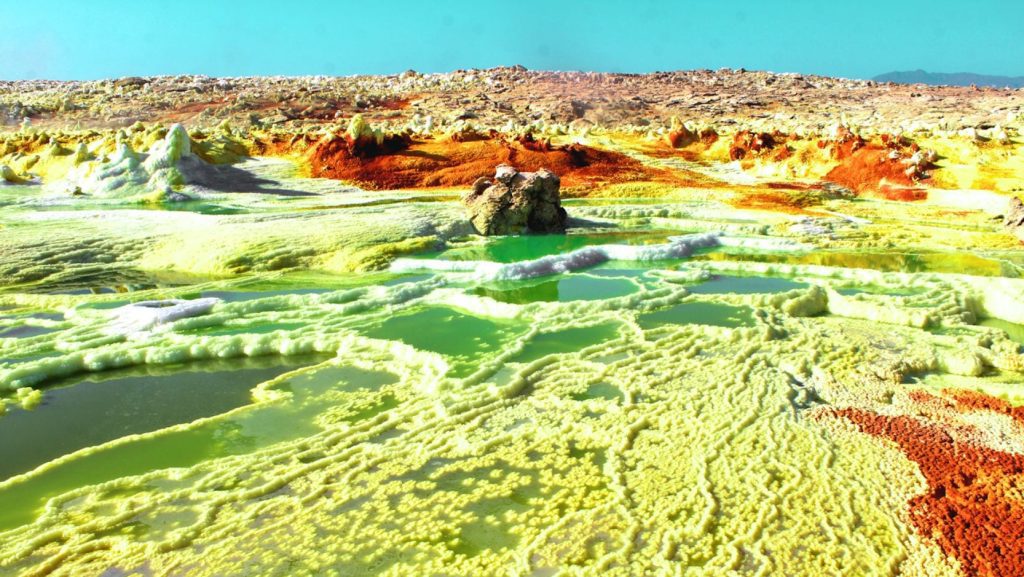 A surreal, Venus-like landscape. Anoxic, hyper-acidic (pH <0), hyper-saline, high temperature (> 108 °C) lake-hydrothermal system associated with Dallol volcano in Afar Depression. 