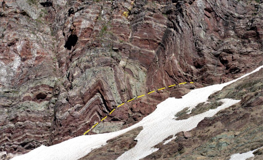 A smaller-scale thrust fault propagation anticline above a low angle ramp - flat. The lithology is thinly bedded mudrocks. Glacier National Park, Montana. Photo courtesy of Marli Miller..