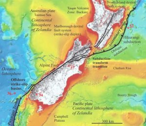 Outline of the principal tectonic elements associated with Alpine Fault. Red arrows show plate vectors and velocities in mm/year. Strike-slip basins continue to form at releasing bends and fault oversteps in the Marlborough Fault System, and in offshore southwest New Zealand – the notes below refer to the latter region. Information from various sources. Base map from NIWA. 