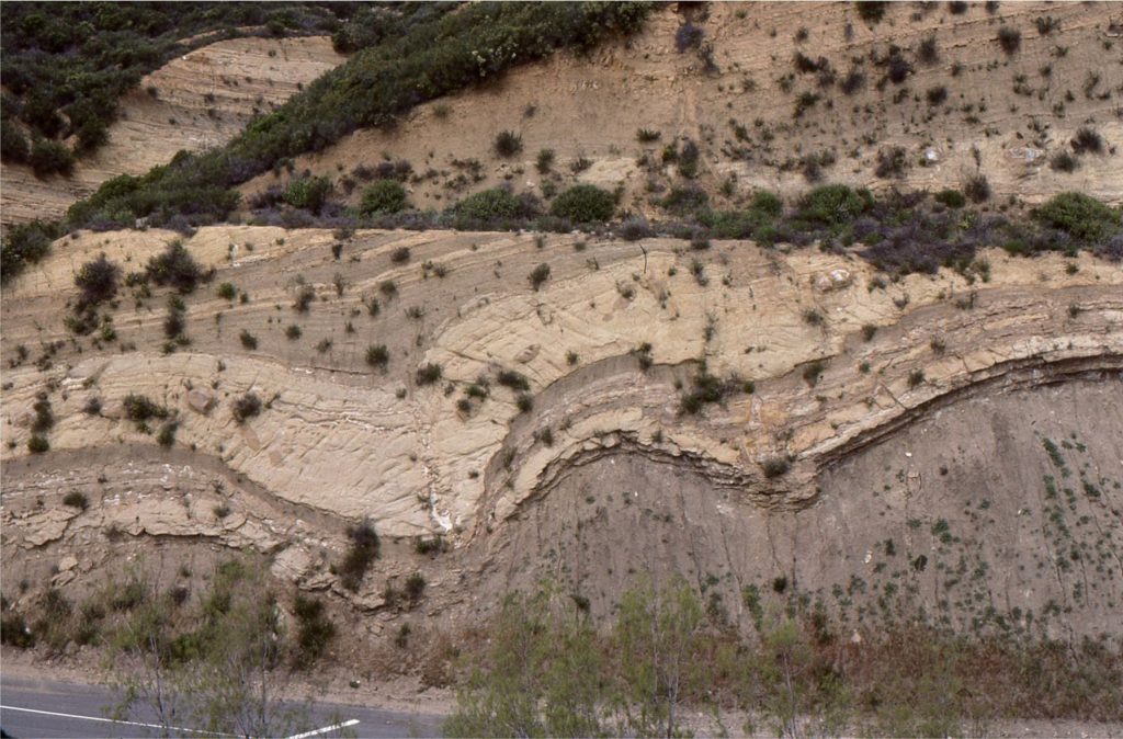 1. Syndepositional slumps and faults in thin delta front sandstones and prodelta or slope mudstone in the approximate centre of the basin. The units are part of a sediment wedge that prograde from the northeast margin. Marple Canyon Sandstone Member of the Ridge Route Formation, exposed along Templin Highway. I took this shot during a field trip led by Tor Nilsen.