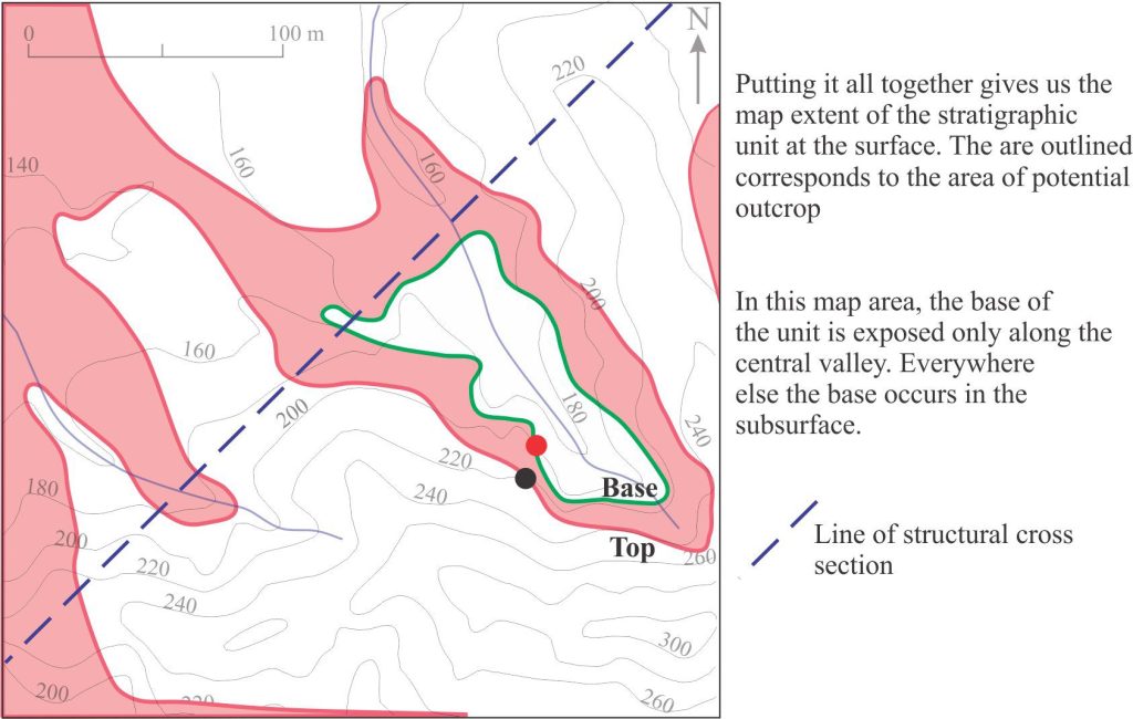 The resulting geological map extent of the sandstone unit, showing where the top and base are expected o crop out. The blue line indicates the location of a structural cross section.