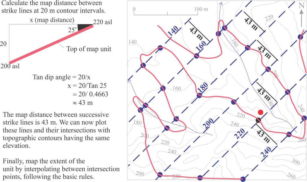 Calculating the distance between strike lines on the dipping, upper contact of the sandstone, plotting those lines and their points of intersection with topographic contours of equal elevation. 